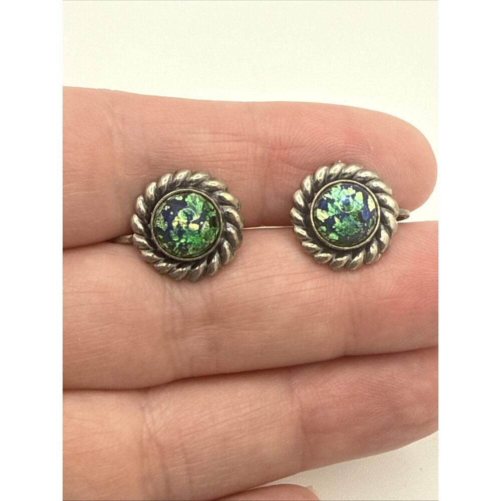 Vintage Earrings Sterling Silver Dragons Breath Glass Blue Green Screw Back Stud